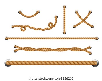 Set of looped ropes with metal holes. Rope threads.