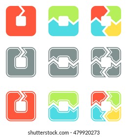 Set looping, vector arrows in square icons. Red, green, blue, yellow and gray arrows, solid and rounded. EPS8