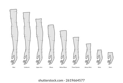 Set of Loose Gloves Length Chart diagram with name text cartoon Elbow Short Wrist Fashion hand accessory clothing technical illustration garment. Vector for Men women style flat template CAD sketch