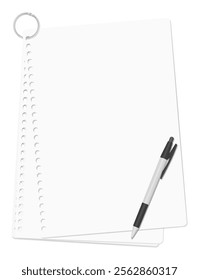 A set of loose-leaf paper bound with a card ring, accompanied by a ballpoint pen, plain paper