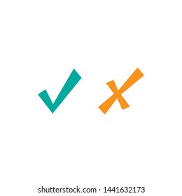 Set of lopsided check mark icons. blue asymmetric tick  and orange cross. Flat cartoon style. Vector illustration.  Flat yes and no buttons. 