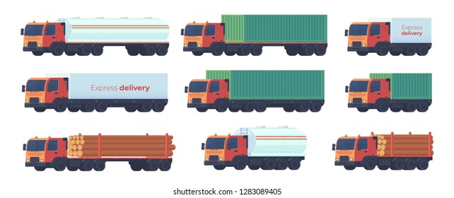 Set of lorry truck for a logistics company for land transportation of various goods fuel, wood, gasoline, timber, containers. Vector flat illustration.