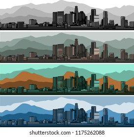 Set of Los Angeles city skyline detailed vector illustrations with mountain background