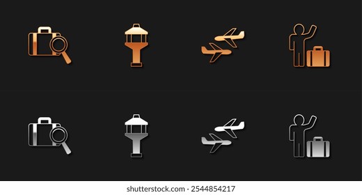 Conjunto de equipaje perdido, torre de control del aeropuerto, avión y turista con icono de maleta. Vector