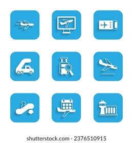 Set Lost baggage, Calendar and airplane, Airport control tower, Plane landing, Escalator down, Passenger ladder for boarding, Airline ticket and  icon. Vector
