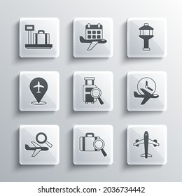 Set Lost baggage, Plane, Flight time, Airplane search, Scale with suitcase and Airport control tower icon. Vector
