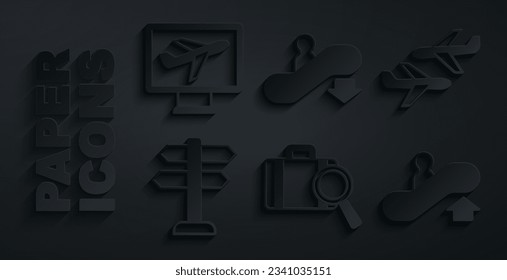 Set Lost baggage, Plane, Road traffic sign, Escalator up, down and  icon. Vector