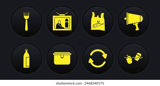 Set Lotion cosmetic tube, Spread the word, megaphone, Lunch box, Refresh, Dead bird, plastic, Stop pollution, Problem of ocean and Disposable fork icon. Vector