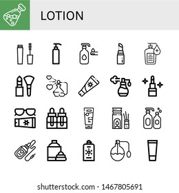 Set of lotion icons such as Essential oil, Mascara, Gel, Lotion, Lipstick, Hand sanitizer, Makeup, Perfume, Sun cream, Essential oils, Sunscreen, Aromatherapy, Shampoo , lotion