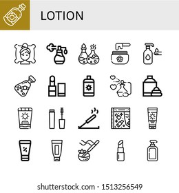 Set of lotion icons such as Essential oil, Spa, Perfume, Wax, Lotion, Lipstick, Sun cream, Shaving cream, Sunscreen, Mascara, Incense, Beauty, Sun lotion ,