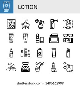 Set of lotion icons such as Sunscreen, Beauty, Incense, Perfume, Ear spray, Spa, Sun lotion, Lipstick, Face cream, Sun cream, Makeup, Gel, Deodorant, Hand sanitizer, Aromatherapy , lotion