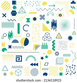Set of lots of vector geometric shapes. Memphis trendy graphic elements. Template for your project, advertising, banner, poster, t-shirt.