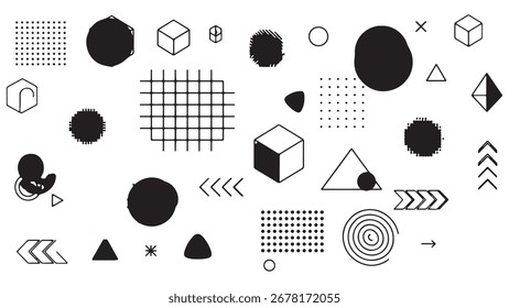 Conjunto de muchas Formas geométricas de Vector. Elementos gráficos de moda de Memphis. Plantilla para su proyecto, publicidad, Anuncio, cartel, camiseta