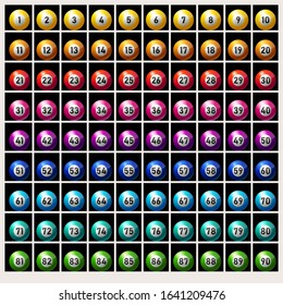 Set of lottery or bingo balls