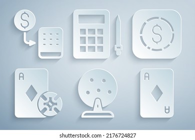 Set Lottery machine, Coin money with dollar, Casino chip and playing cards, Playing diamonds, Bingo and chips exchange icon. Vector