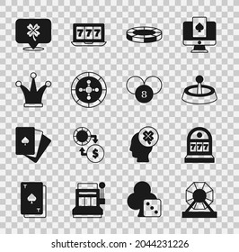 Set Lottery machine, Slot with jackpot, Casino roulette wheel, chips, Joker playing card, slot clover and ball on bingo icon. Vector
