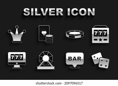 Set Lottery machine, Slot with jackpot, Game dice, Alcohol bar location, Online slot, Casino chips, Joker playing card and and cards icon. Vector