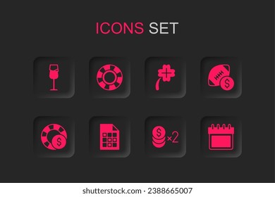 Set Lottery ticket, Casino chips, Wine glass, with dollar, American football betting money, Calendar, slot machine clover and  icon. Vector