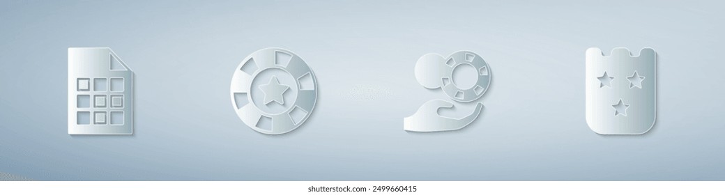 Set Lottery ticket, Casino chips, Hand holding casino and . Paper art style. Vector