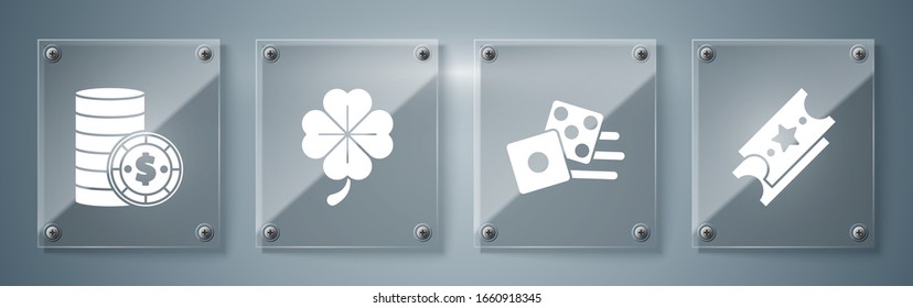 Set Lottery ticket, Game dice, Four leaf clover and Casino chip with dollar. Square glass panels. Vector