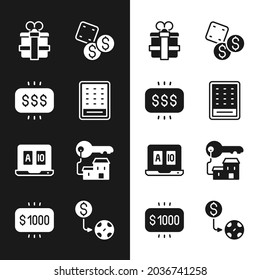 Set Lottery ticket, Money prize in casino, Gift box, Game dice, Online poker table game, Winning house with key, Casino chips exchange and  icon. Vector