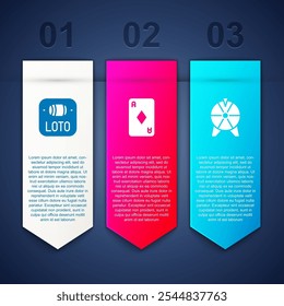 Set Lottery ticket, Playing card with diamonds and Lucky wheel. Business infographic template. Vector