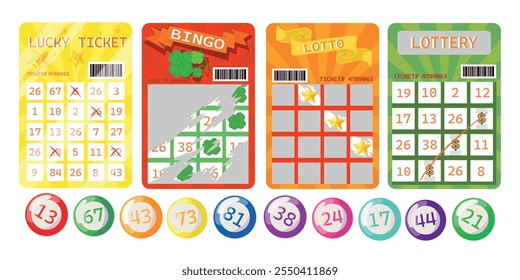 Set of lottery tickets and balls for lottery machines in cartoon style. Vector illustration of lottery tickets with numbers, barcodes, four-leaf clovers, stars, dollars isolated on white background.