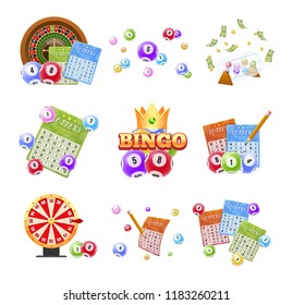 Set of lottery tickets, bingo, roulette. Realistic 3d lotto game. Balls with number for game, drawing prizes in lotto. Financial success, economic growth, victory, winnings, luck. Vector illustration