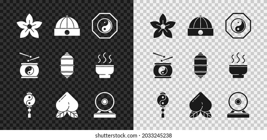 Set Lotus flower, Chinese hat, Yin Yang, Peach fruit, Gong, drum and paper lantern icon. Vector