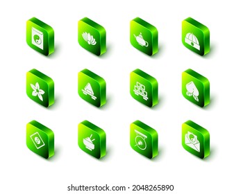 Set Lotus flower, Chinese tea ceremony, hat, Peach fruit, Yin Yang and envelope, Sushi cutting board, Gong and Rice bowl with chopstick icon. Vector