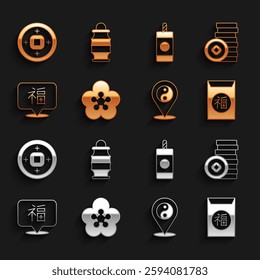 Set Lotus flower, Chinese Yuan currency, New Year, Yin Yang symbol, Firework,  and paper lantern icon. Vector