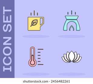 Set Lotus flower, Cup of tea and leaf, Sauna thermometer and Aroma candle icon. Vector