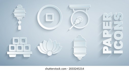 Set Lotus flower, Gong, Sushi cutting board, Chinese paper lantern, Yuan currency and  icon. Vector