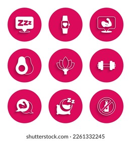 Set Lotus flower, Time to sleep, No alcohol, Dumbbell, Bodybuilder muscle, Avocado fruit,  and Sleepy icon. Vector
