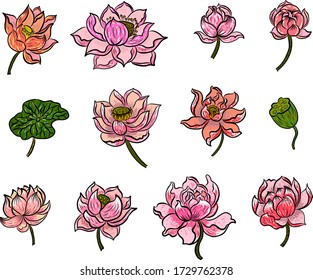 Conjunto de vectores de flores de Lotus para imprimir en el fondo.Ilustración vectorial de Lotus para la idea de diseño de tatuajes.Símbolo de Buda con floral.