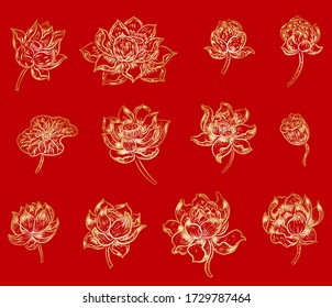 Set of Lotus flower vector for printing on background.Lotus vector illustration for tattoo design idea.Symbol of Buddha with floral.