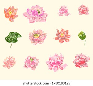 Set of Lotus flower vector for printing on background.Lotus vector illustration for tattoo design idea.Symbol of Buddha with floral.