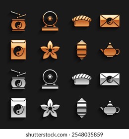 Set Lotus flower, Yin Yang and envelope, Chinese tea ceremony, paper lantern, Sushi, drum and Gong icon. Vector