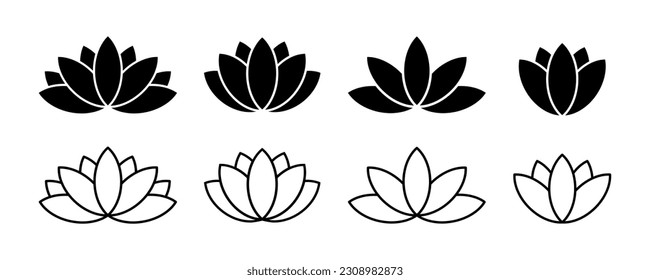 Conjunto de iconos vectoriales de flores de loto. Relájate, tranquilo y símbolo de armonía. Iconos de línea negra.