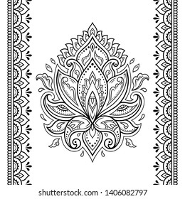 Set of lotus mehndi flower pattern and seamless border for Henna drawing and tattoo. Decoration in oriental, Indian style. Doodle ornament. Outline hand draw vector illustration.