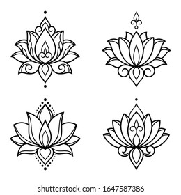 Set of lotus mehndi flower pattern for Henna drawing and tattoo. Decoration in oriental, Indian style. Doodle ornament. Outline hand draw vector illustration.