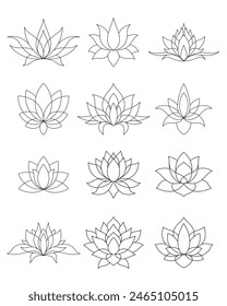 Conjunto de patrón de flor de loto mendi para dibujo y tatuaje de Henna. Decoración oriental, de estilo indio. Adorno de garabato. Ilustración vectorial de dibujo a mano.