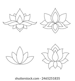 Set of lotus mehndi flower pattern for Henna drawing and tattoo. Decoration in oriental, Indian style. Doodle ornament. Outline hand draw vector illustration.