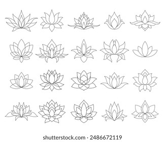 Set of lotus mehndi flower pattern for Henna drawing and tattoo. Decoration in oriental, Indian style. Doodle ornament. Outline hand draw vector illustration.