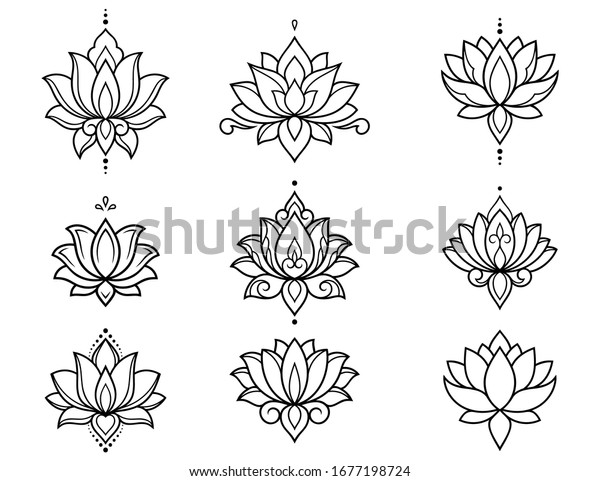 Set Of Lotus Mehndi Flower Pattern For Henna Drawing And Tattoo Decoration In Oriental Indian 0206