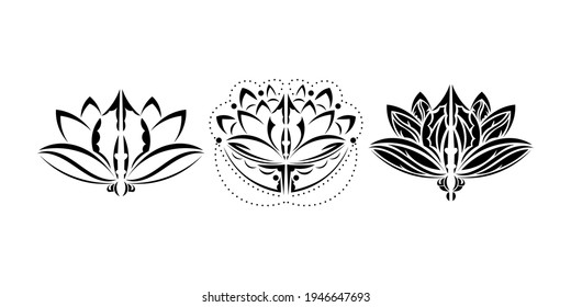 Set of lotus ornament, ethnic tattoo. Patterned Indian lotus. Black and white print. Isolated. Vector illustration.