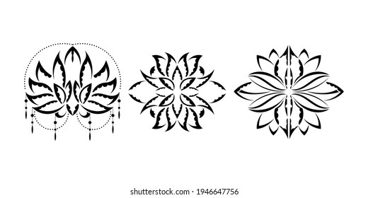 Set of lotus pattern in Simple style. Black and white print. Isolated. Vector illustration.