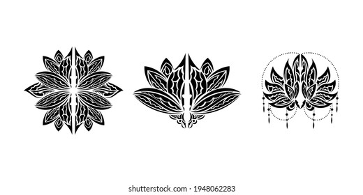 Set of lotus pattern in Simple style. Yoga symbol. Black and white print. Isolated. Vector illustration.