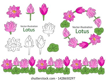 : Set of lotus sketches. Frame of pink flowers. Vector illustration.