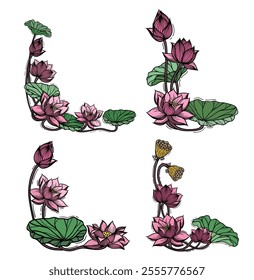 Set lotus water lily flowers and leaves thai style illustration For decorating corners. EPS Vector.